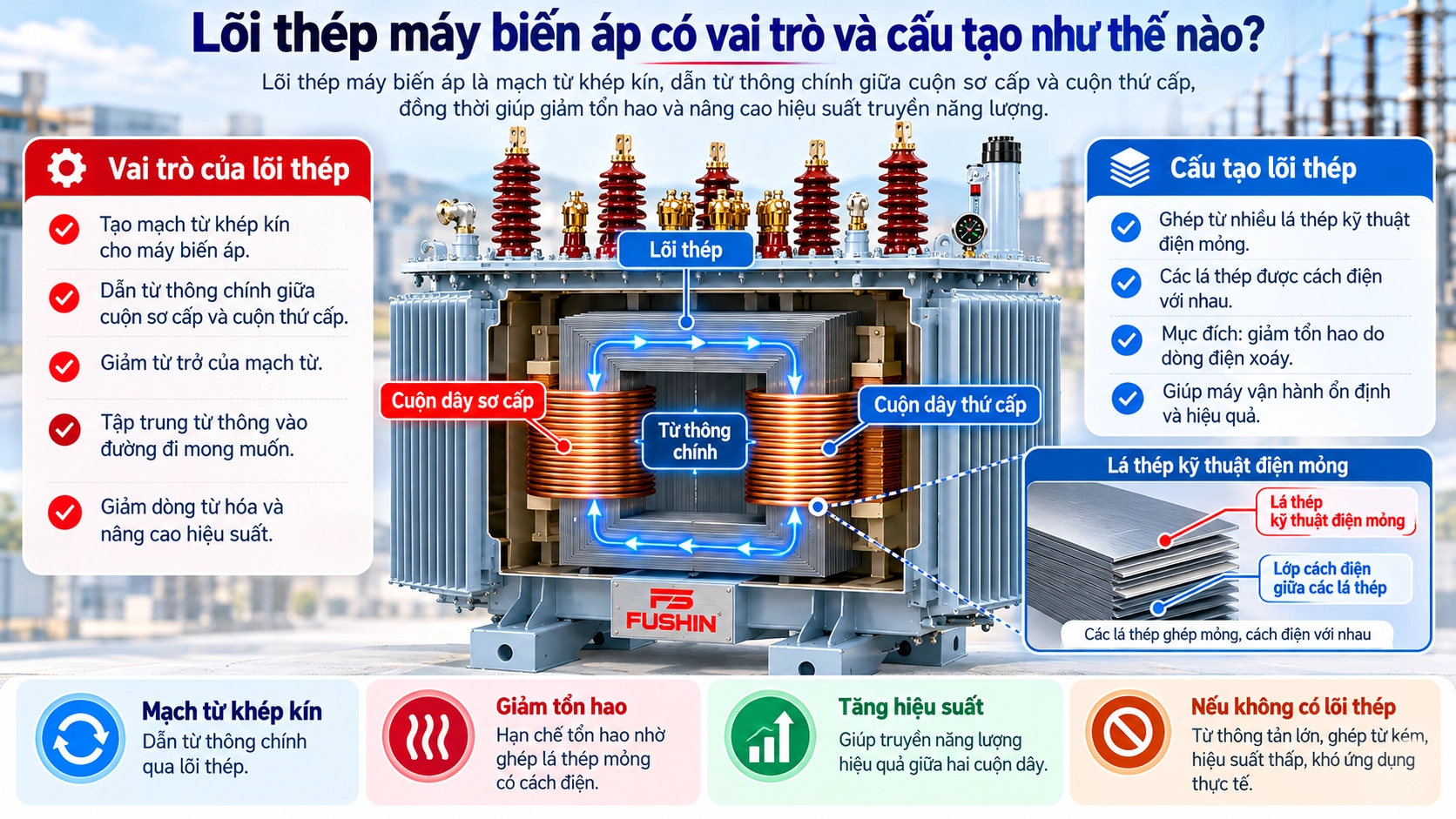 Cấu tạo lõi thép máy biến áp và vai trò dẫn từ thông giữa cuộn sơ cấp, cuộn thứ cấp.