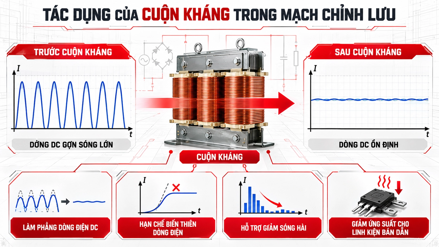 Đồ thị tác dụng của cuộn kháng trong mạch chỉnh lưu làm phẳng dòng điện