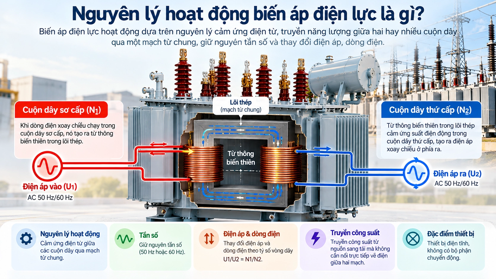 Nguyên lý hoạt động của máy biến áp điện lực