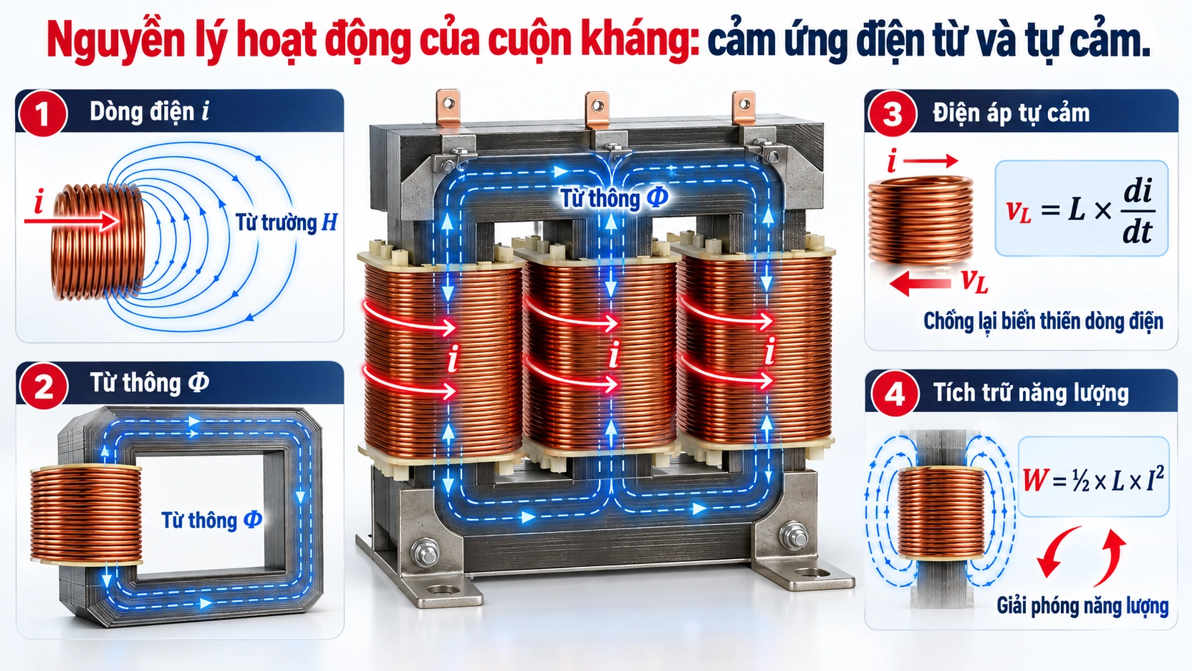 Sơ đồ nguyên lý hoạt động của cuộn kháng với từ trường, từ thông và điện áp tự cảm