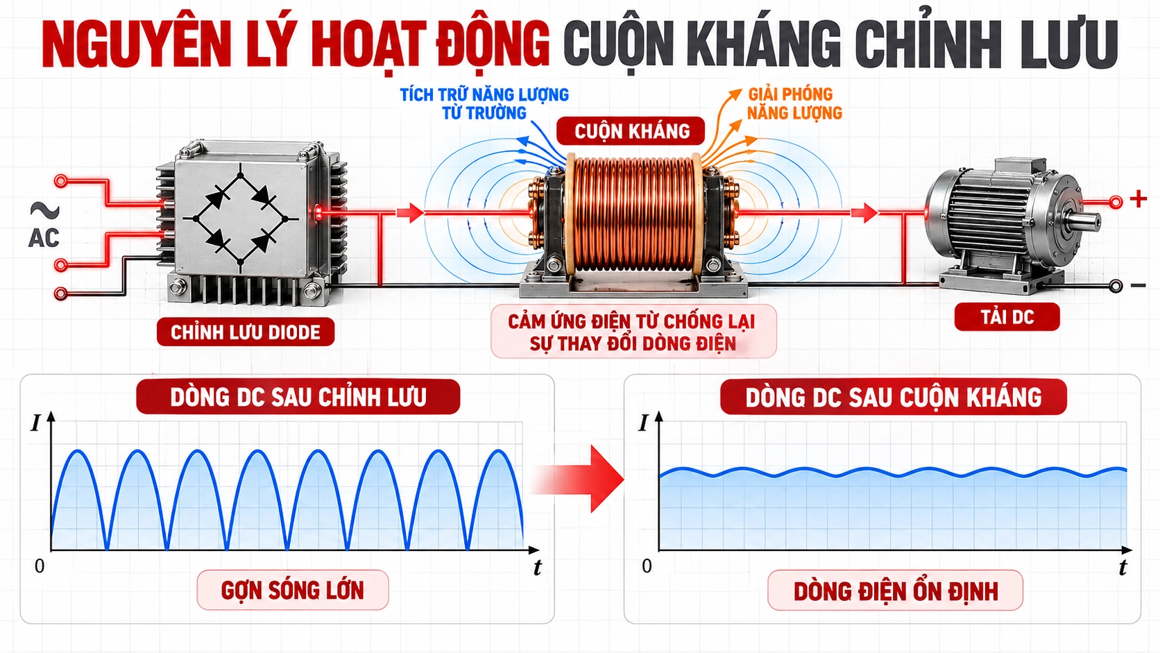 Đồ thị nguyên lý hoạt động cuộn kháng chỉnh lưu làm phẳng dòng điện DC