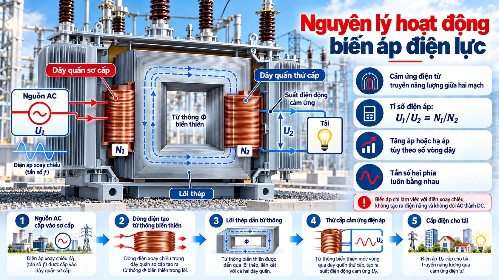 Sơ đồ nguyên lý hoạt động biến áp điện lực cảm ứng điện từ