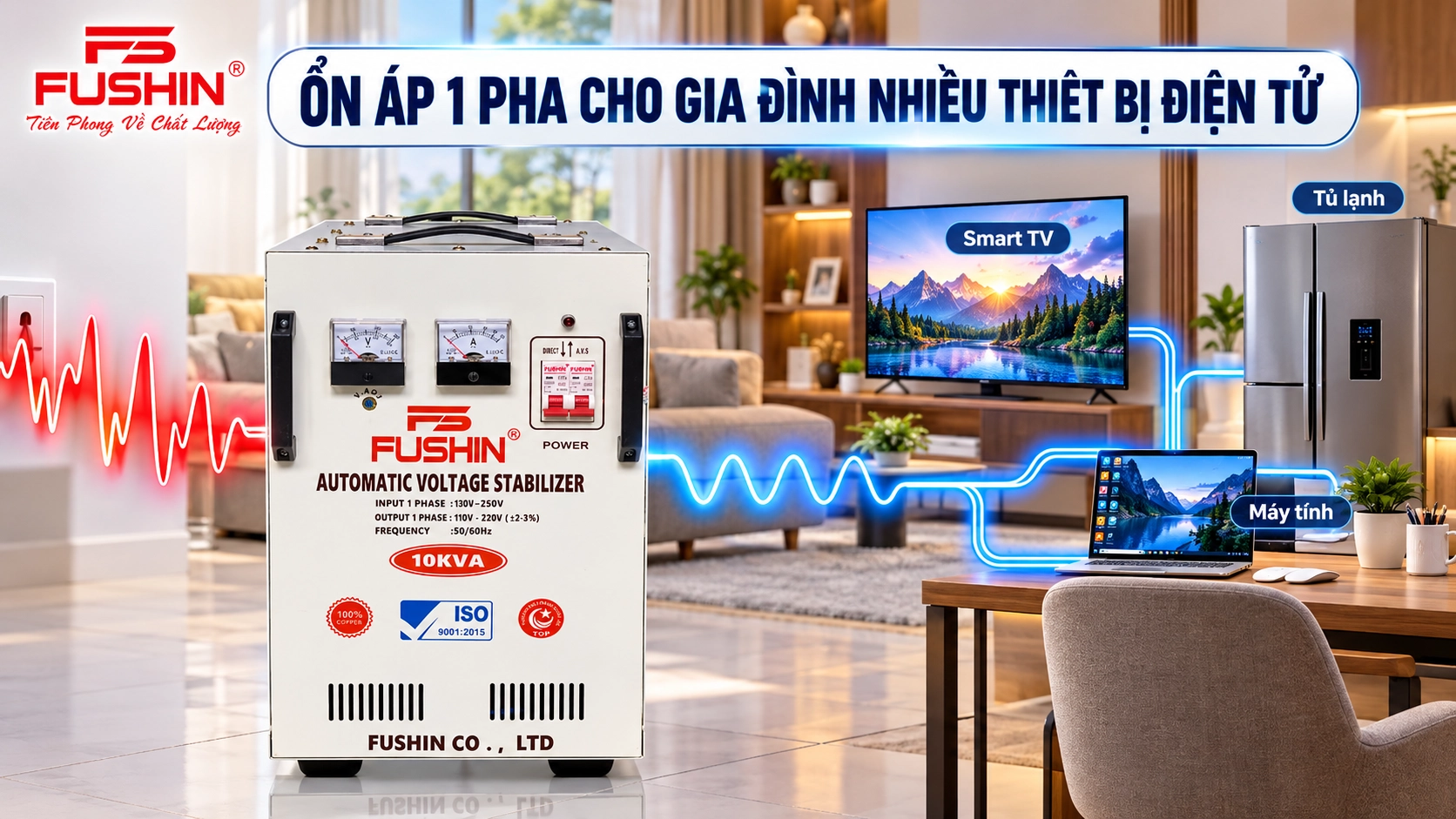 Ổn áp 1 pha cho gia đình bảo vệ máy tính, Smart TV, tủ lạnh