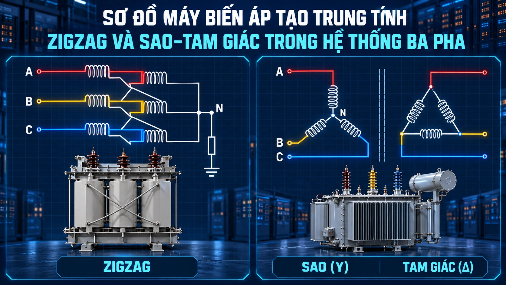 Sơ đồ máy biến áp tạo trung tính Zigzag và Sao–Tam giác trong hệ thống ba pha