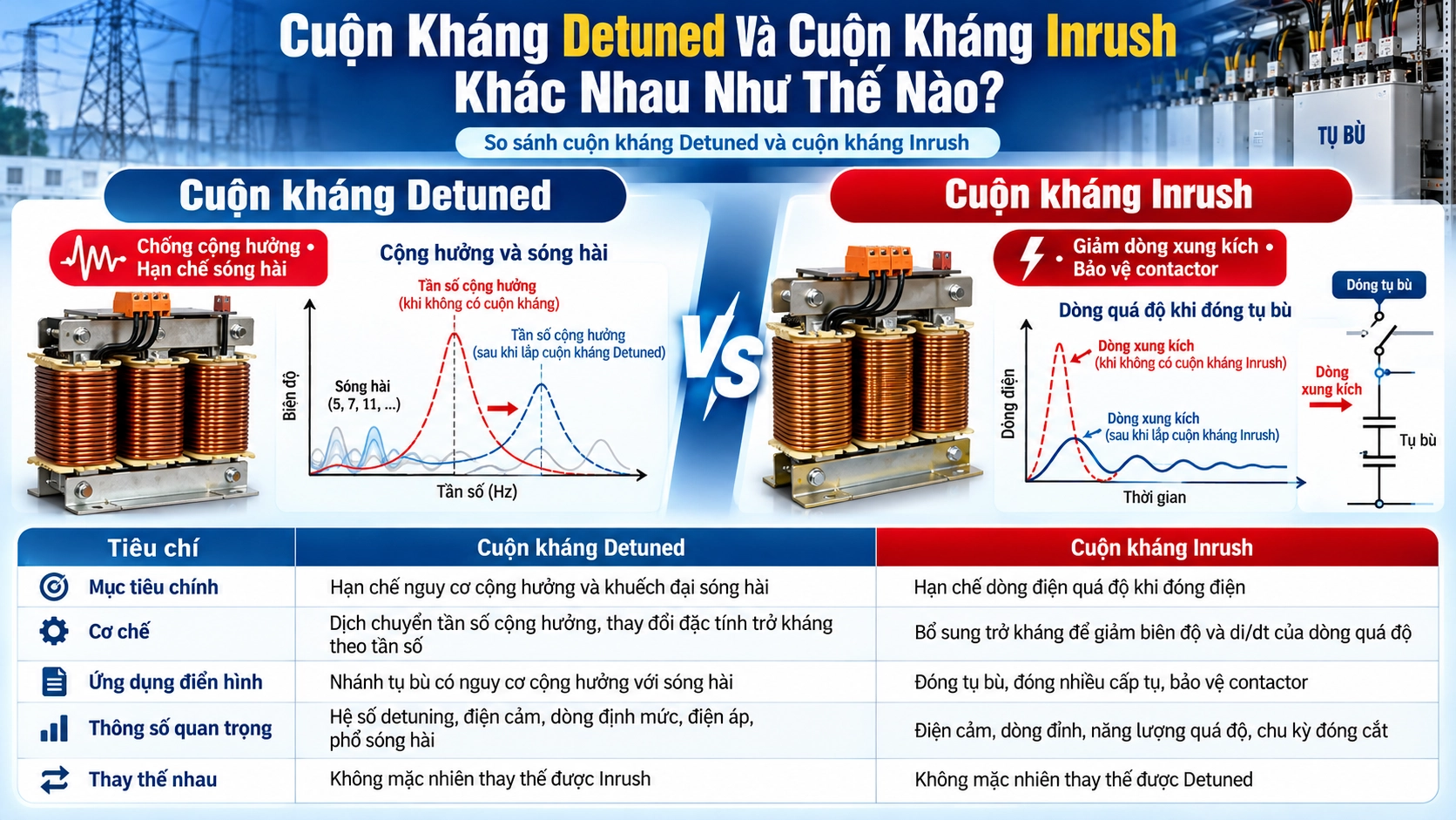Sơ đồ khác biệt giữa cuộn kháng Detuned và cuộn kháng Inrush trong nhánh tụ bù