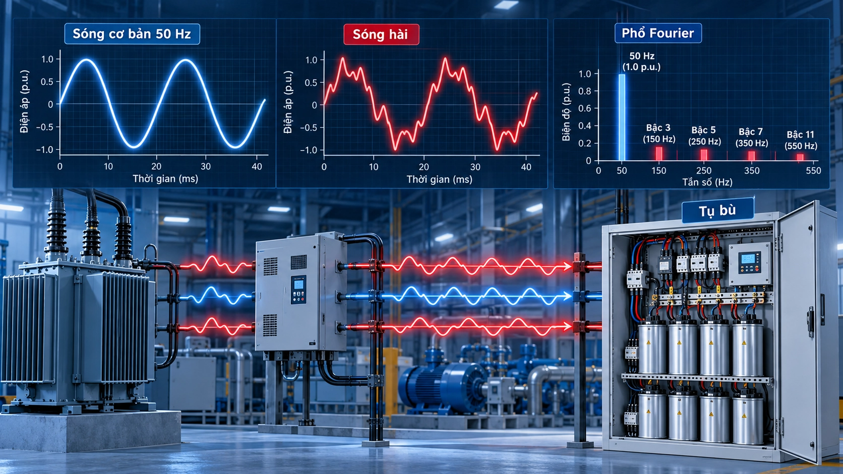 Dạng sóng méo của sóng hài ảnh hưởng đến tụ bù, phân tích phổ Fourier sóng cơ bản 50Hz và các bậc hài