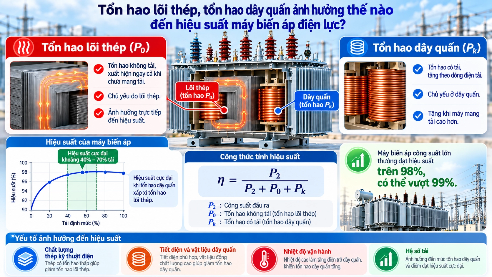 Infographic mô tả tổn hao lõi thép, tổn hao dây quấn và công thức tính hiệu suất máy biến áp điện lực